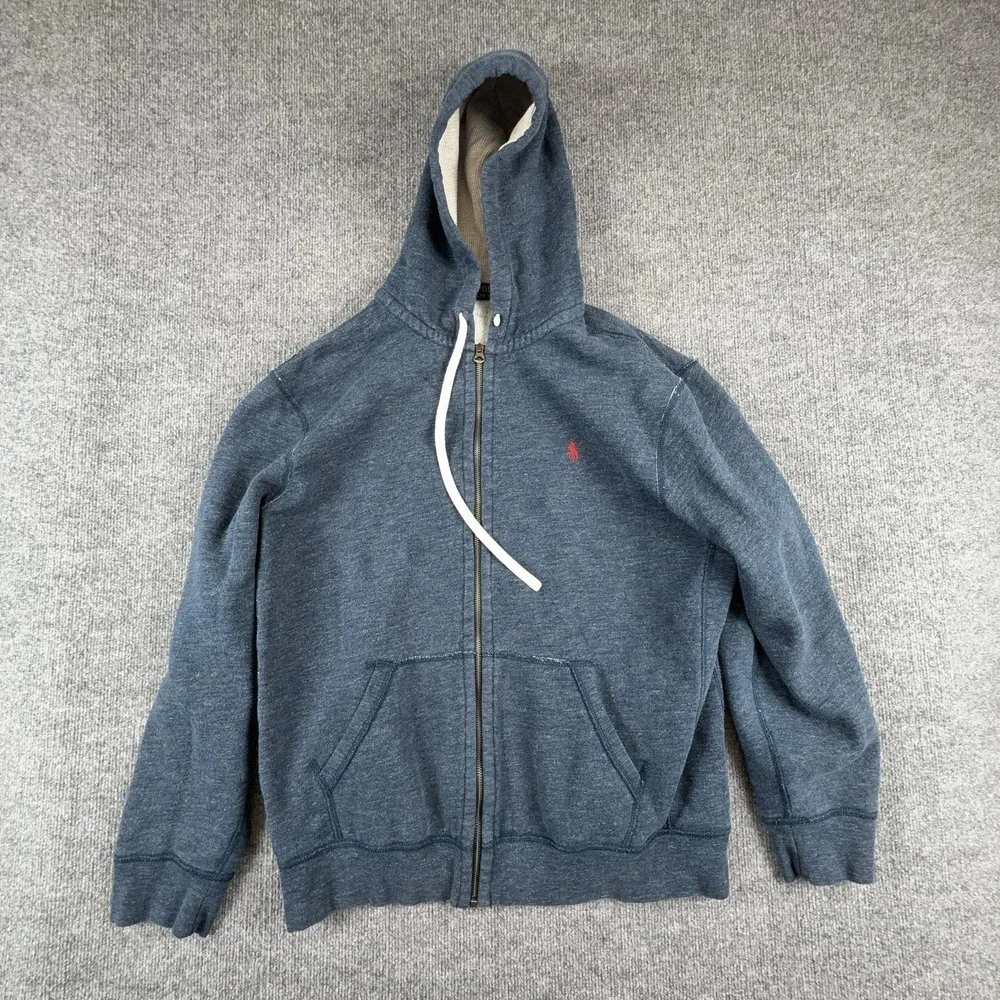 Polo Ralph Lauren Hoodie Mens XL Blue Full Zip Fleece Red Pony Logo Lined Hood